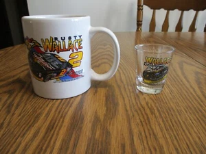 RUSTY WALLACE  COFFEE MUG & SHOT GLASS NASCAR #2 MILLER BEER RACE CAR - Picture 1 of 9