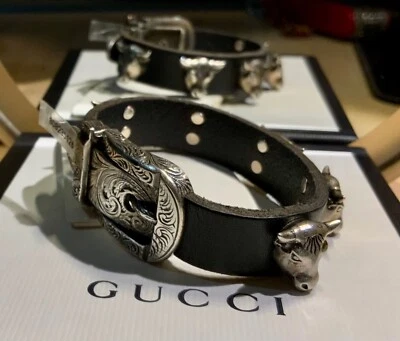 New&Authentic GUCCI Leather SterlingSilver Anger Forest Bull Heads Bracelet Sz17 - Image 1 of 4