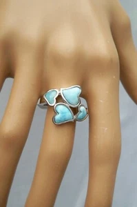 Bezel Set Larimar Hearts 925 Sterling Silver Ring Size 8 - Picture 1 of 10