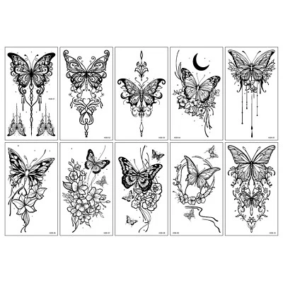 Sexy tatuajes de brazo corporal falso impermeable temporal de encaje mariposa negro HD de 10 piezas Foto 1 de 4