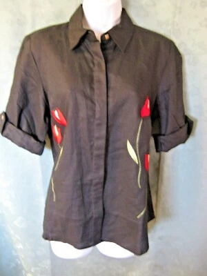 Sag Harbor Shirt Size Small 100% Linen Embroidered Red Tulip Flowers - Image 1 of 4