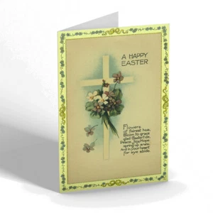 EASTER CARD - Vintage Design - A Happy Easter. Violets & Cross - Picture 1 of 1