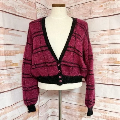 Vintage Handmade Cardigan Sweater Raspberry Pink Plaid V Neck Mohair Button Up - Image 1 of 4