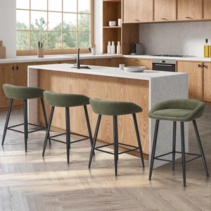 Oikiture Bar Stools Set of 4 Kitchen Dining Chairs Counter Stools Green Boucle - Picture 1 of 10
