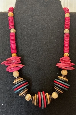 Pink Retro Vintage Chunky Boho Disc Wooden Wood Bead Statement Necklace 22” - Image 1 of 2