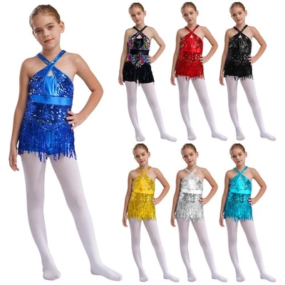 Kids Girls Bodysuit Patchwork Jumpsuit Tassel Leotards Ballet Outfit Sequins - Image 1 of 3