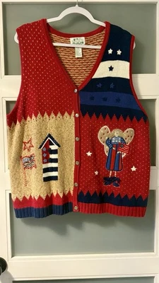 Vintage Quacker Factory Sweater Vest Womens 1X Red Blue USA Flag Knit Stars - Image 1 of 4