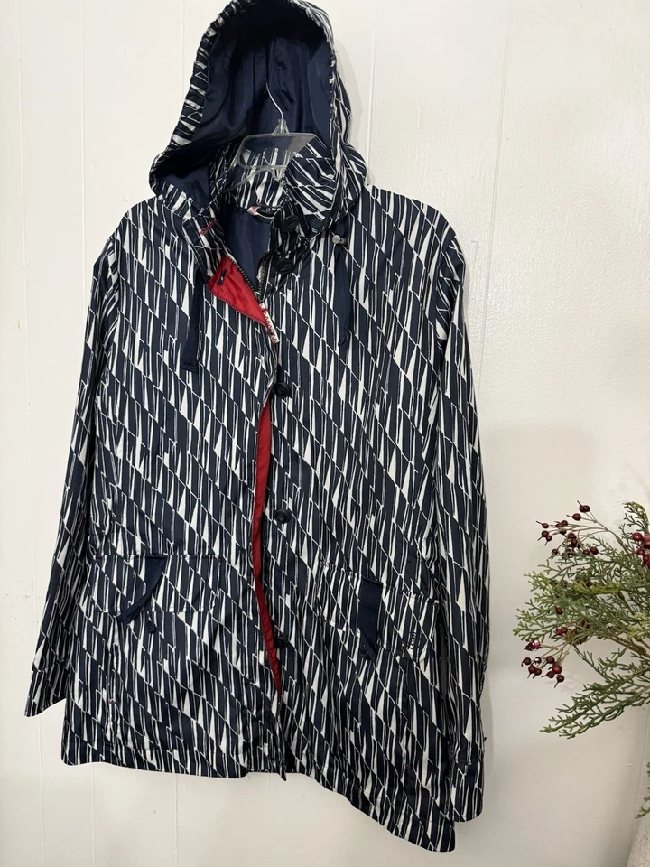 Lands End XL синий и белый с капюшоном дождевик ветровка  - Изображение 1 из 4