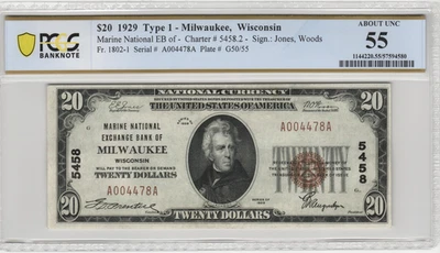 1929 Milwaukee Wisconsin $20 National Banknote Charter 5458 PCGS AU 55 - Image 1 of 2