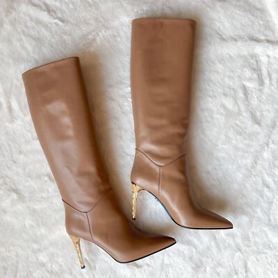 $725 40EU Loriblu Made In Italy Beige Taupe Knee High Boots High Heel Pointy Toe - Image 1 of 4