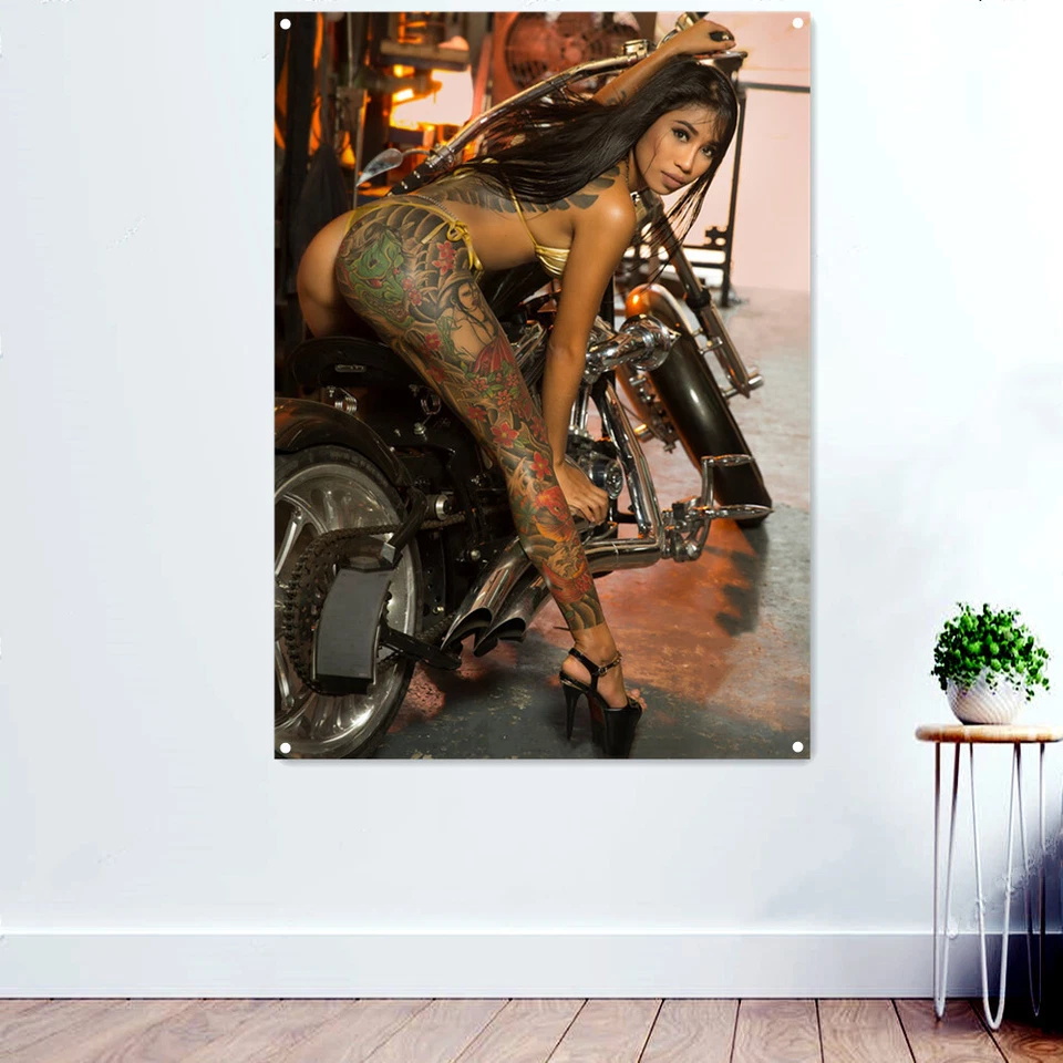 Sexy Tattoo Girl Motorcycle Wall Paintings Repair Shop Garage Decor Banner Flag - Image 1 of 4