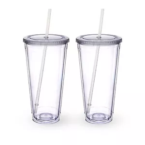 Clear Acrylic Tumbler With Straw And Lid 32 Oz Double Walled Insulated Reusable - Picture 1 of 8
