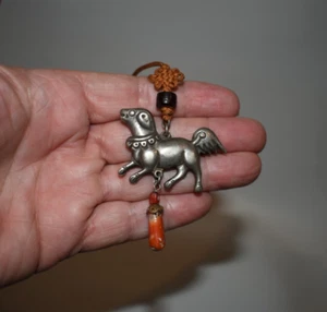 Antique Late Ching Period Han Chinese Silver Dog Charm with Coral Adornment - Picture 1 of 15