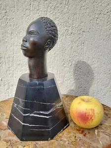 Sculpture En Bronze , Tête d'Africain, Sur Socle, XXème Siècle - Imagen 1 de 12