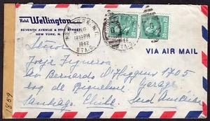 2330 Cubierta de correo aéreo censurado de Estados Unidos a Chile 1942 Nueva York, Nueva York - Imagen 1 de 2