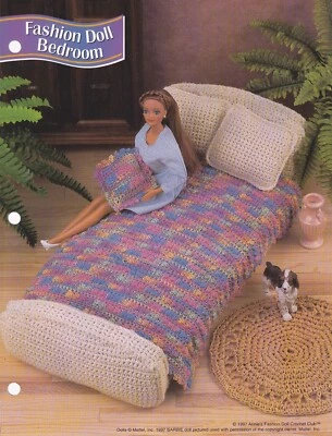 Fashion Doll Crochet Pattern FASHION DOLL BEDROOM Bed Rug Pillows Bedding - Image 1 of 3