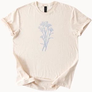 Delicate Blue Wildflower Line Art Graphic on Natural Cotton T Shirt - Picture 1 of 4