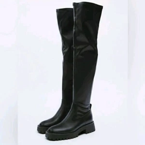 Zara Vegan Leather Over the Knee Lug Sole Boot size 36 or 6 Black - Picture 1 of 12