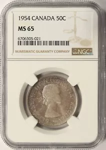 Medio dólar canadiense de plata 50c 1954 NGC MS65 ¡Top Pop! - Imagen 1 de 4