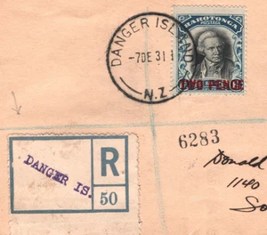 RAROTONGA COOK ISLANDS Cover *DANGER ISLAND* TYPED Registered Label 1931 XJ225 - Picture 1 of 13