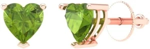 Solid 10k Rose Gold Natural Green Peridot Heart Cut Solitaire Studs Earrings - Picture 1 of 4