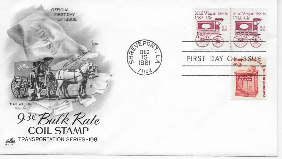 US Scott #1903, First Day Cover 12/15/81 Shreveport Plate #1 PAIR Mail Wagon - Image 1 of 1