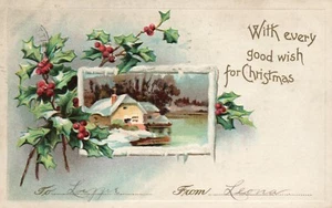 House On River Winter Holly Scenic View Christmas Postcard - Picture 1 of 2