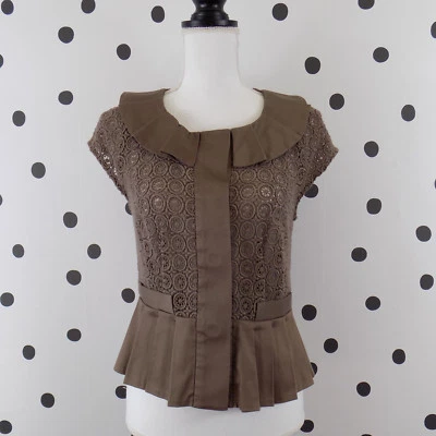 Anthropologie Elevenses Blazer Top Jacket 6 Lace Eyelet Button Pleat Mocha Brown Foto 1 de 4