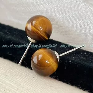 10mm Elegant Natural Yellow Tiger's Eye Round Gemstone Beads Stud Earrings - Picture 1 of 4