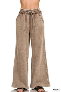 Zenana Full Size Acid Wash Fleece Palazzo Sweatpants with Pockets Plus SIze - Picture 1 of 9