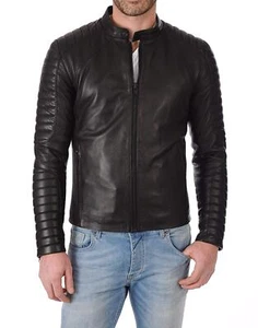 Men's Black Genuine Lambskin Leather Jacket's Red Motorcycle Biker Jackets Brown - Picture 1 of 22