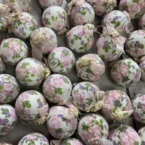 Vintage Sugar Frosted Round Pink Rose Christmas Ornaments Victorian Cottage 48pc - Picture 1 of 12