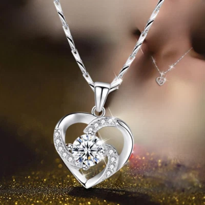 moderne Halskette Herz Zirkon Anhänger Frauen Schmuck Kette 925 Sterlingsilber - Bild 1 von 4