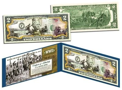 Segunda Guerra Mundial * Levantar la bandera en IWO JIMA * Billete de $2 de EE. UU. Licitación Legal * Segunda Guerra Mundial * Foto 1 de 2