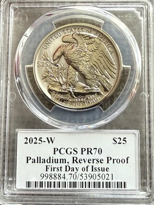 2025 W Paladio Reverso Prueba $25 PCGS PR70 Primer Día de Emisión David Hall ¡Raro! Foto 1 de 4