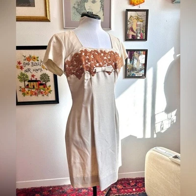 1960s Cream & Rust Embroidered Dress Matching Jacket Set – Mod Two-Piece - Image 1 of 4