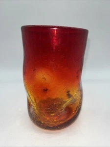Vintage Handblown Blenko Ambrina Tangerine Crackle Glass Pinched Tumbler 12 oz - Picture 1 of 5
