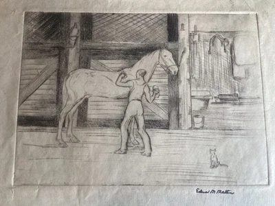 Vintage Horse Equestrian Barn Etching Print Listed Artist Edna Martin - Image 1 of 4