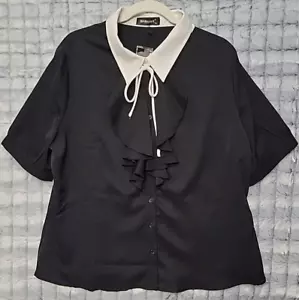 Allegra K Black Ruffle Neck Tie Women's Blouse XL Contrast Collar Work Shirt - Picture 1 of 3