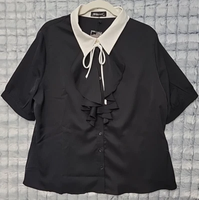 Blusa para mujer Allegra K negra con volantes y corbata XL cuello en contraste camisa de trabajo Foto 1 de 3