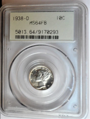 1938-d . Mercury Dime. PCGS MS64FB. Choice/Gem BU. Full Bands. Transitional OGH Cover