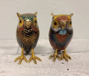Schönes Paar alte chinesische Cloisonne lebendige Emaille Eulen Figuren - Bild 1 von 5