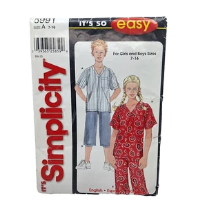 Simplicity 5991 VTG Kids Unisex Loose Fit Top Cropped Pants 7-16 Pattern UC FF - Picture 1 of 6