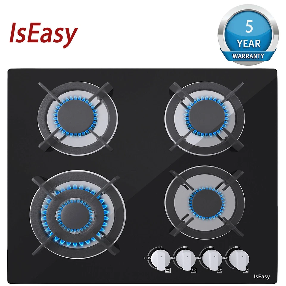 IsEasy 4 Flammig Glas Gaskochfeld Gasherd Einbauherd Erdgas Propangas Flüssiggas