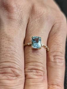 Radiant Cut Natural Aquamarine Vintage 14K Gold Plated On Silver Engagement Ring - Picture 1 of 10
