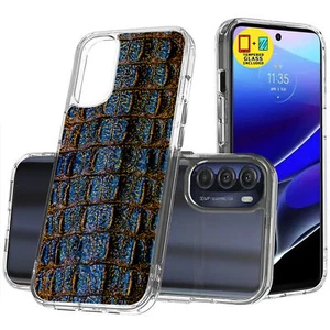 For Motorola Moto G Stylus 5G 2022, Blue Crocodile Print, Glass Screen, US - Picture 1 of 8