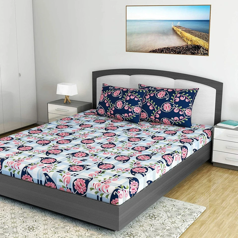 Sábana bajera doble floral de algodón con 2 fundas de almohada estampada étnica 180 TC  Foto 1 de 2