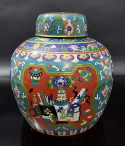 Tarro grande de jengibre cubierto de cloisonne y bronce dorado del período de la República China - Imagen 1 de 10