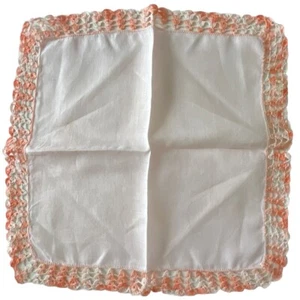 Vintage Pink & Peach Coral Ombré Hand Made Handkerchief Linen & Crochet Lace 12” - Picture 1 of 13