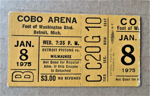 Detroit Pistons vs Milwaukee Bucks Ticket stub Jan 08,1975 - COBO Arena Cover